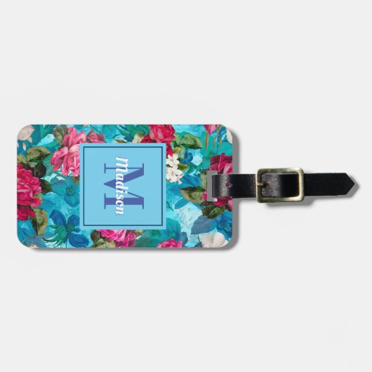 Elegant bloemig roze bloemen blauw patroon bagagelabel (Voorkant horizontaal)