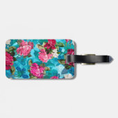 Elegant bloemig roze bloemen blauw patroon bagagelabel (Achterkant horizontaal)