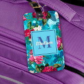 Elegant bloemig roze bloemen blauw patroon bagagelabel