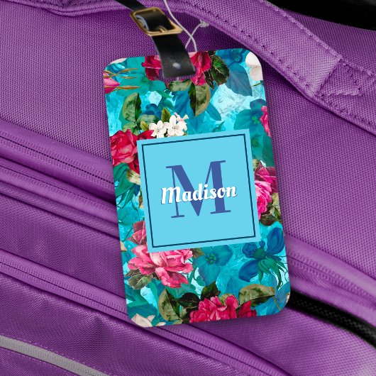 Elegant bloemig roze bloemen blauw patroon bagagelabel