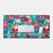 Elegant bloemig roze bloemen blauw patroon bureaumat (Keyboard & Muis)