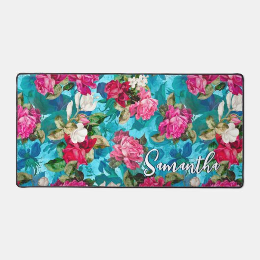 Elegant bloemig roze bloemen blauw patroon bureaumat (Voorkant)