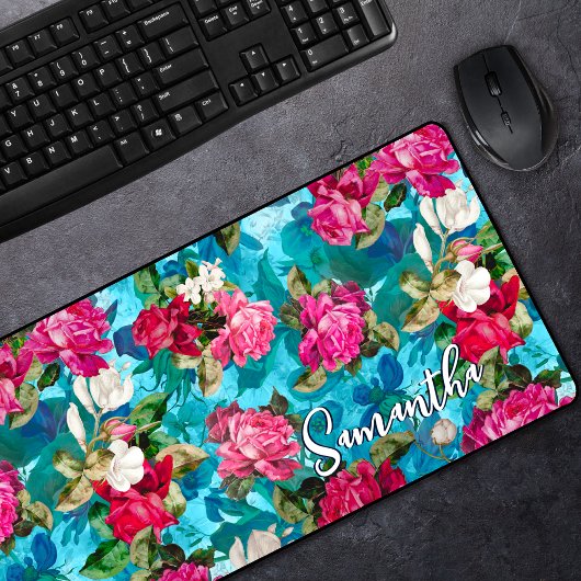 Elegant bloemig roze bloemen blauw patroon bureaumat