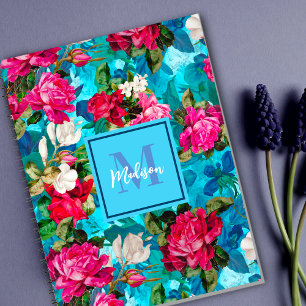 Elegant bloemig roze bloemen blauw patroon notitieboek