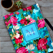 Elegant bloemig roze bloemen blauw patroon notitieboek