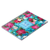 Elegant bloemig roze bloemen blauw patroon notitieboek (Linkerzijde)