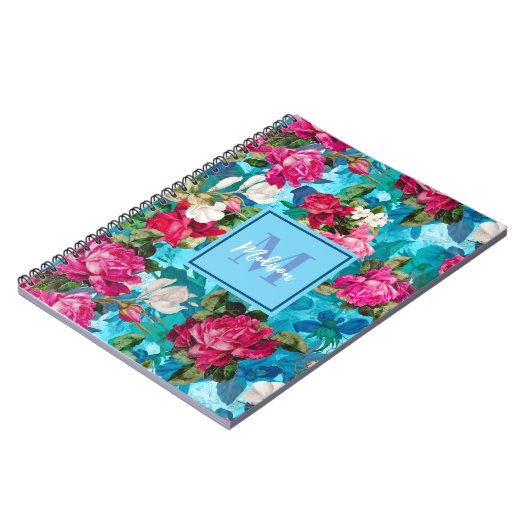 Elegant bloemig roze bloemen blauw patroon notitieboek (Linkerzijde)