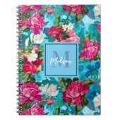 Elegant bloemig roze bloemen blauw patroon notitieboek (Voorkant)