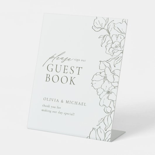 Elegant bloemig Sage Groene Trouwgastenboek Reclamebord Met Voetstuk (Voorkant)