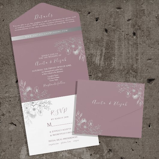 Elegant Bloemig Stof Rose Bruiloft All In One Uitnodiging