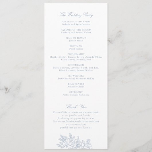 Elegant Bloemig Vintage Stofblauw Huwelijksprogram Programmakaart (Achterkant)