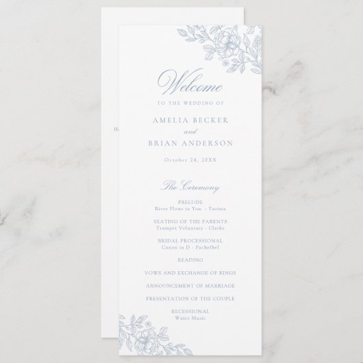 Elegant Bloemig Vintage Stofblauw Huwelijksprogram Programmakaart (Voorkant / Achterkant)