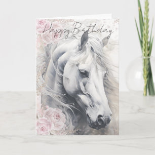 Elegant Bloemig Witte Paard Feestdagen Kaart
