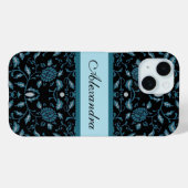 Elegant Bloemig Zwart en Blauwgroen Damast Case-Mate iPhone Case (Achterkant (horizontaal))