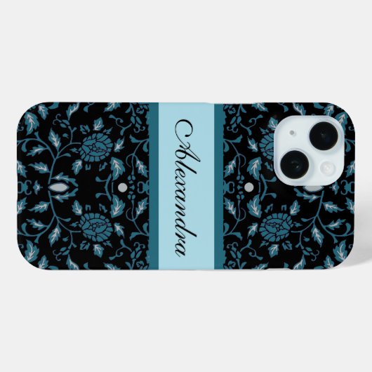 Elegant Bloemig Zwart en Blauwgroen Damast Case-Mate iPhone Case (Achterkant (horizontaal))