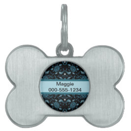 Elegant Bloemig Zwart en Blauwgroen Damast Huisdieren Naamplaatje