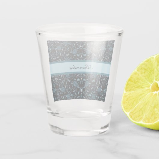 Elegant Bloemig Zwart en Blauwgroen Damast Shot Glas (Achterkant)