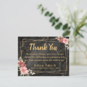 Elegant bloemig zwart en goud afstudeerfeest bedankkaart (Staand voorkant)