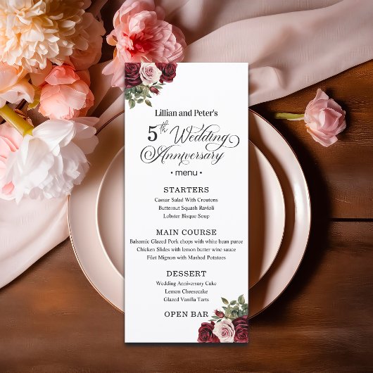Elegant Bloemige 5e trouwverjaardag Menu