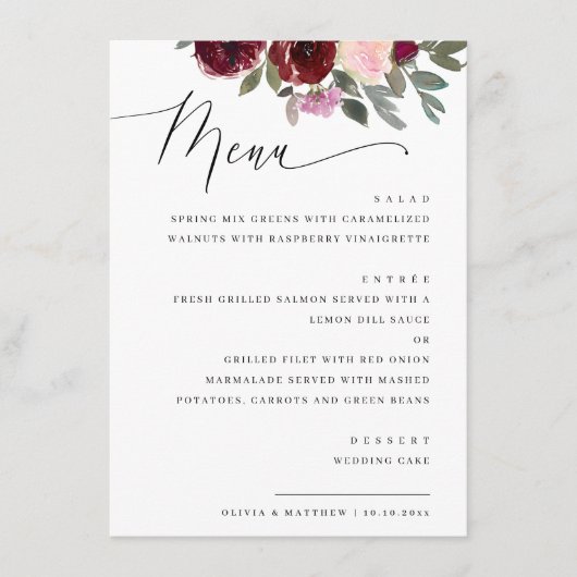 Elegant Bloemige Bruiloft Script | Waterverfrozen Menu (Voorkant)
