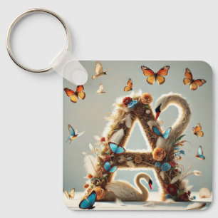 Elegant Bloemige Letter A Ontwerp met Zwaan Sleutelhanger