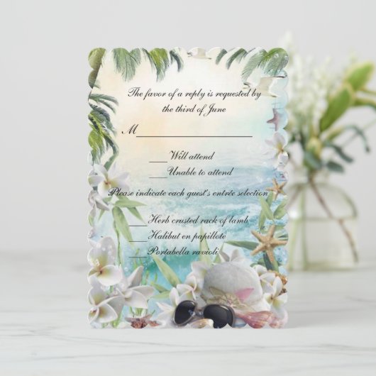 Elegant Bloemige Tropisch Strand Bruiloft Reactie Kaart (Staand voorkant)