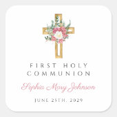 Elegant Bloemkruis Meisje Eerste Communie Vierkante Sticker (Voorkant)