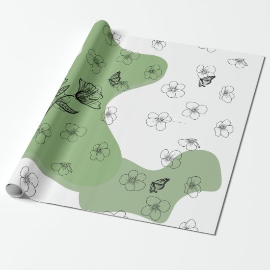 Elegant Bloemlijnkunst Cadeaupapier (Uitgerold)