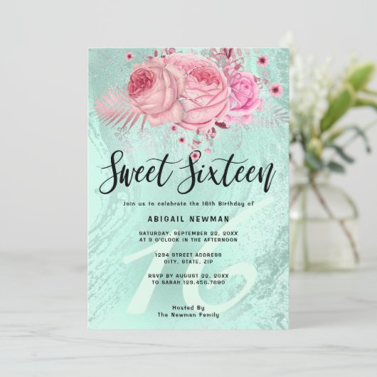 Elegant bloemmint groene glitter zoet zestien kaart (Staand voorkant)