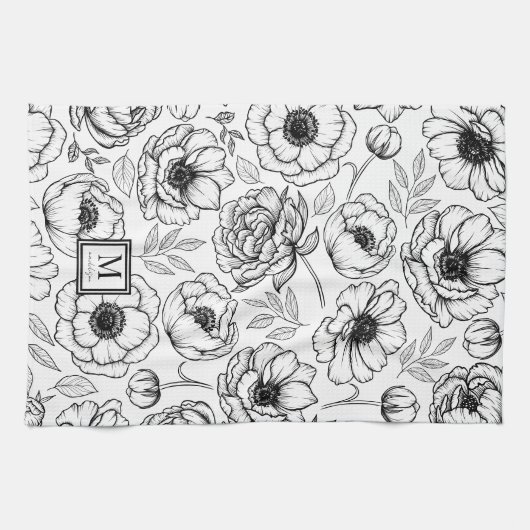 Elegant Bloemmotief Begin Hoofdletter Monogram Theedoek (Horizontaal)