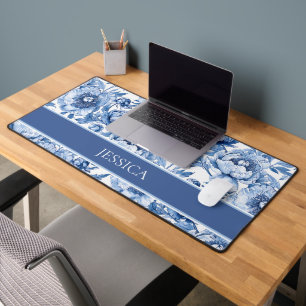 Elegant Bloemmotief Blauw en Wit Chinoiserie Bureaumat