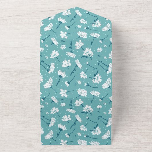 Elegant bloemmotief - Blauwgroen & wit Botanisch All In One Uitnodiging (Buitenkant)