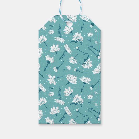 Elegant bloemmotief - Blauwgroen & wit Botanisch Cadeaulabel (Voorkant)