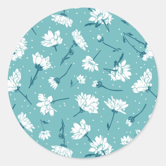 Elegant bloemmotief - Blauwgroen & wit Botanisch Ronde Sticker (Voorkant)