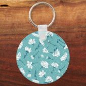 Elegant bloemmotief - Blauwgroen & wit Botanisch Sleutelhanger (Voorkant)