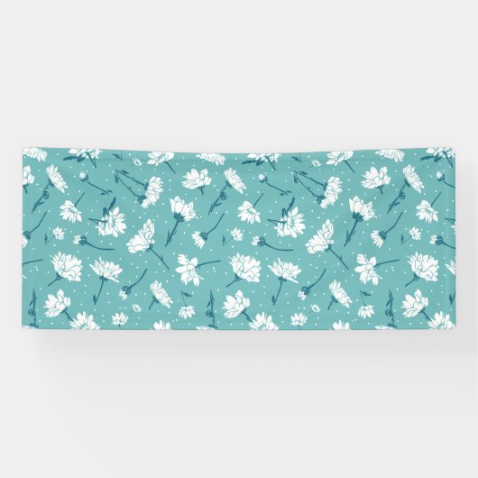 Elegant bloemmotief - Blauwgroen & wit Botanisch Spandoek (Horizontaal)