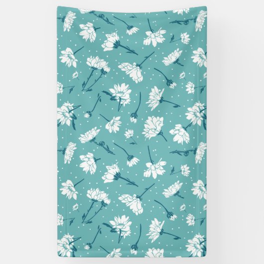 Elegant bloemmotief - Blauwgroen & wit Botanisch Spandoek (Verticaal)