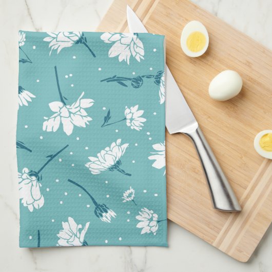 Elegant bloemmotief - Blauwgroen & wit Botanisch Theedoek (Quarter Fold)