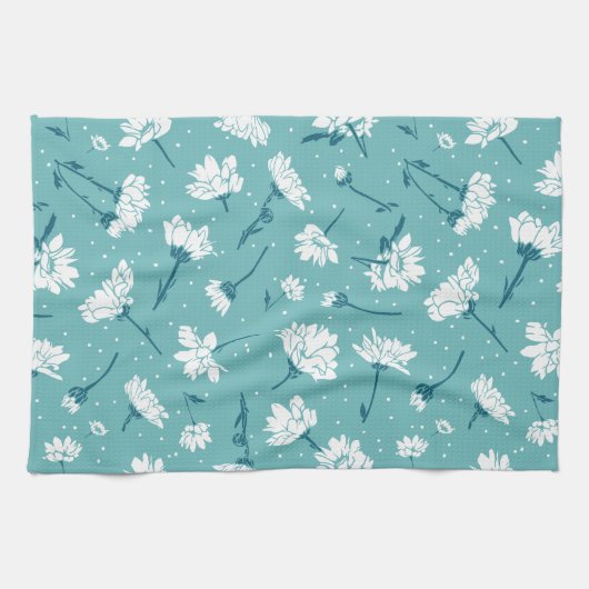 Elegant bloemmotief - Blauwgroen & wit Botanisch Theedoek (Horizontaal)