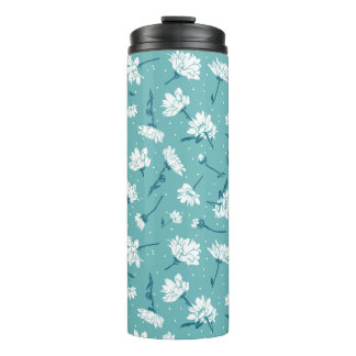 Elegant bloemmotief - Blauwgroen & wit Botanisch Thermosbeker