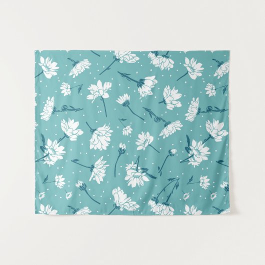 Elegant bloemmotief - Blauwgroen & wit Botanisch Wandkleed (Voorkant (horizontaal))