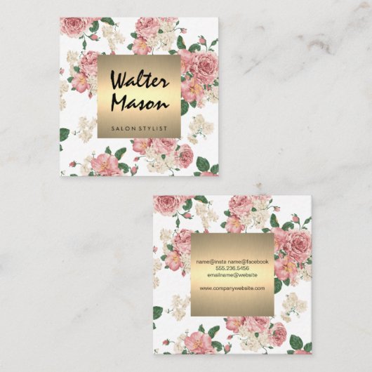 Elegant Bloemmotief Gouden Afwerking Vierkant Vierkante Visitekaartje (Voorkant / Achterkant)