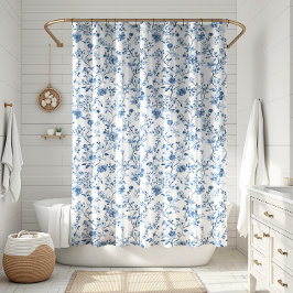 Elegant Bloemmotief in Blauw en Wit Douchegordijn