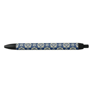 Elegant Bloemmotief met Gouden Accenten Zwarte Inkt Pen
