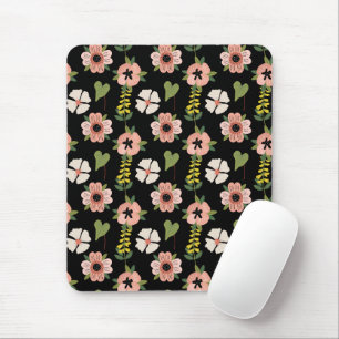 Elegant Bloemmotief op Zwart Chic Botanisch Muismat