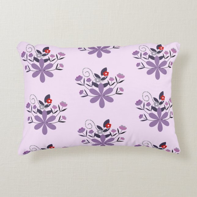 Elegant bloemmotief paarse violet grijs rood accent kussen (Voorkant)