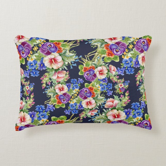 Elegant bloemmotief roze geel blauw loof accent kussen (Voorkant)