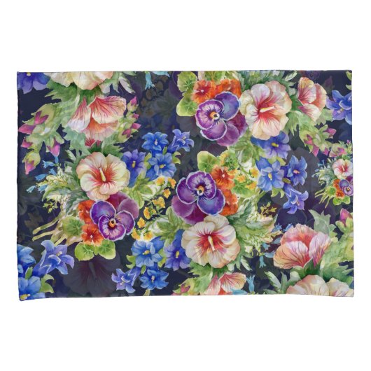 Elegant bloemmotief roze geel blauw loof kussensloop (Voorkant-Rechts)
