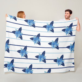 Elegant bloemmotief streep monochromatisch blauw fleece deken