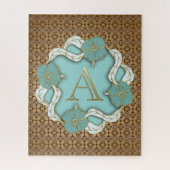 Elegant bloemmotief turquoise gouden monogram lett legpuzzel (Verticaal)
